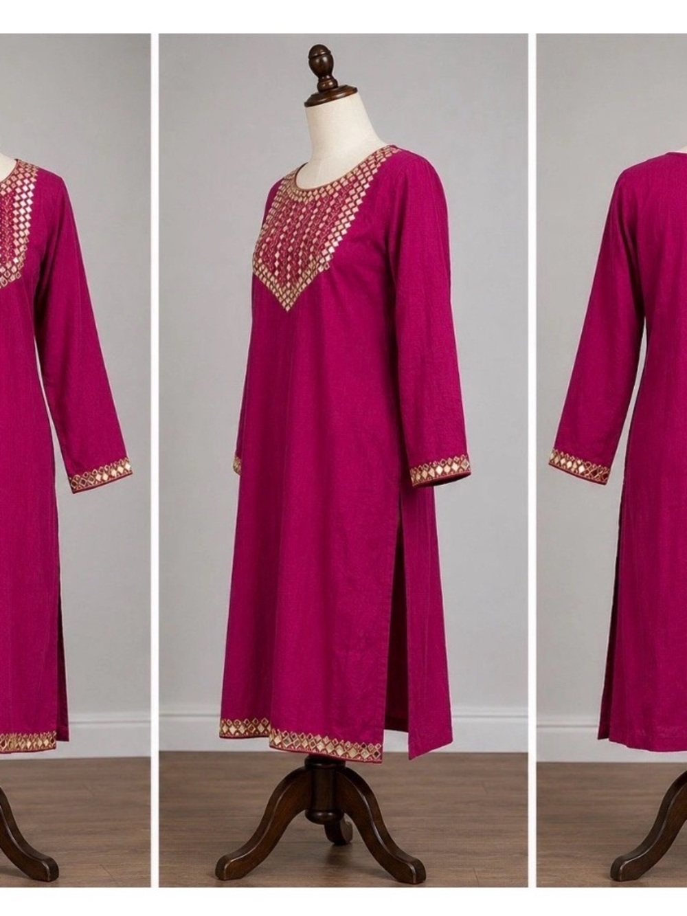 Magenta Long Sleeve Embroidered Tunic Dress